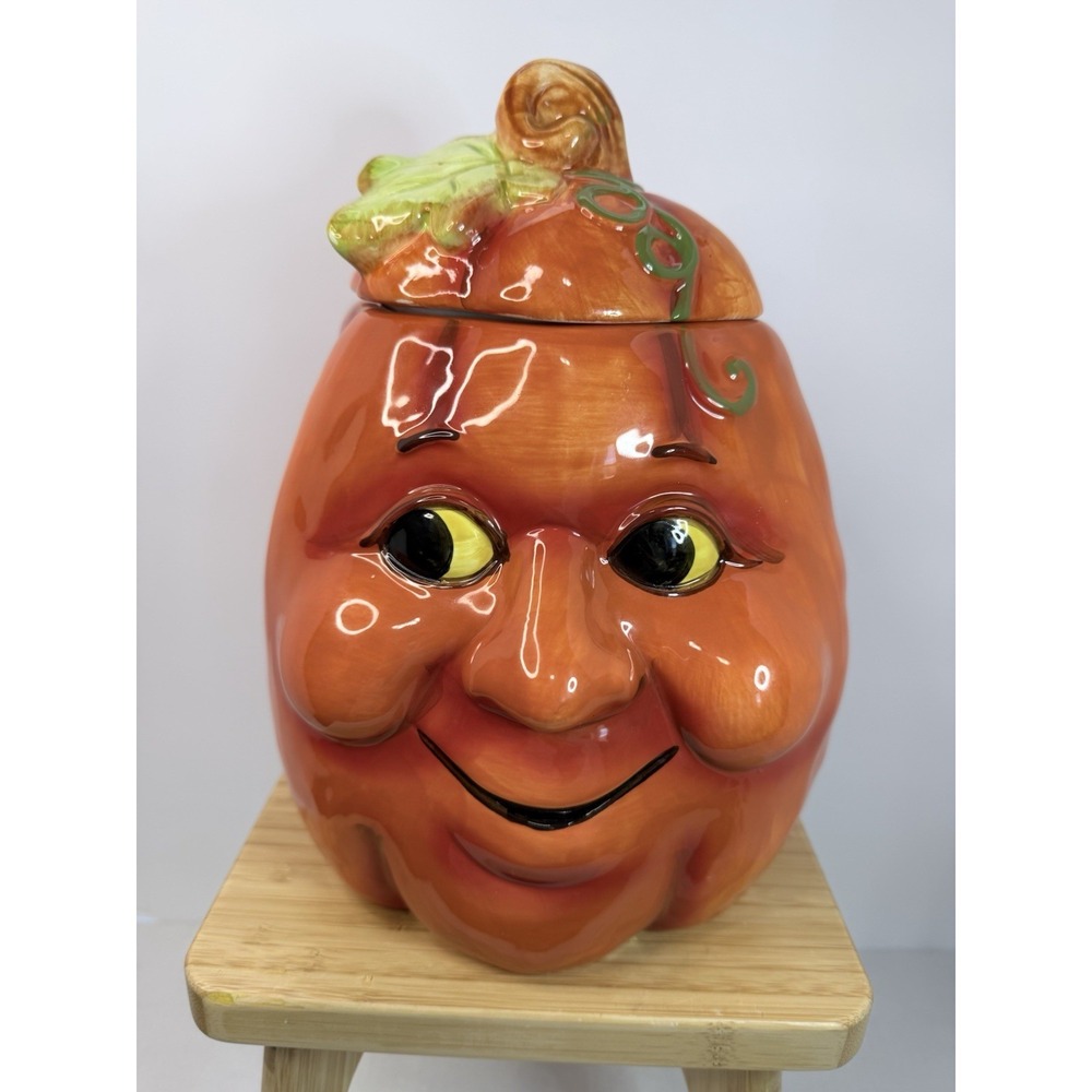 Vintage Anthropomorphic Pumpkin Smiling Face Jack O Lantern Cookie Candy Jar JOL